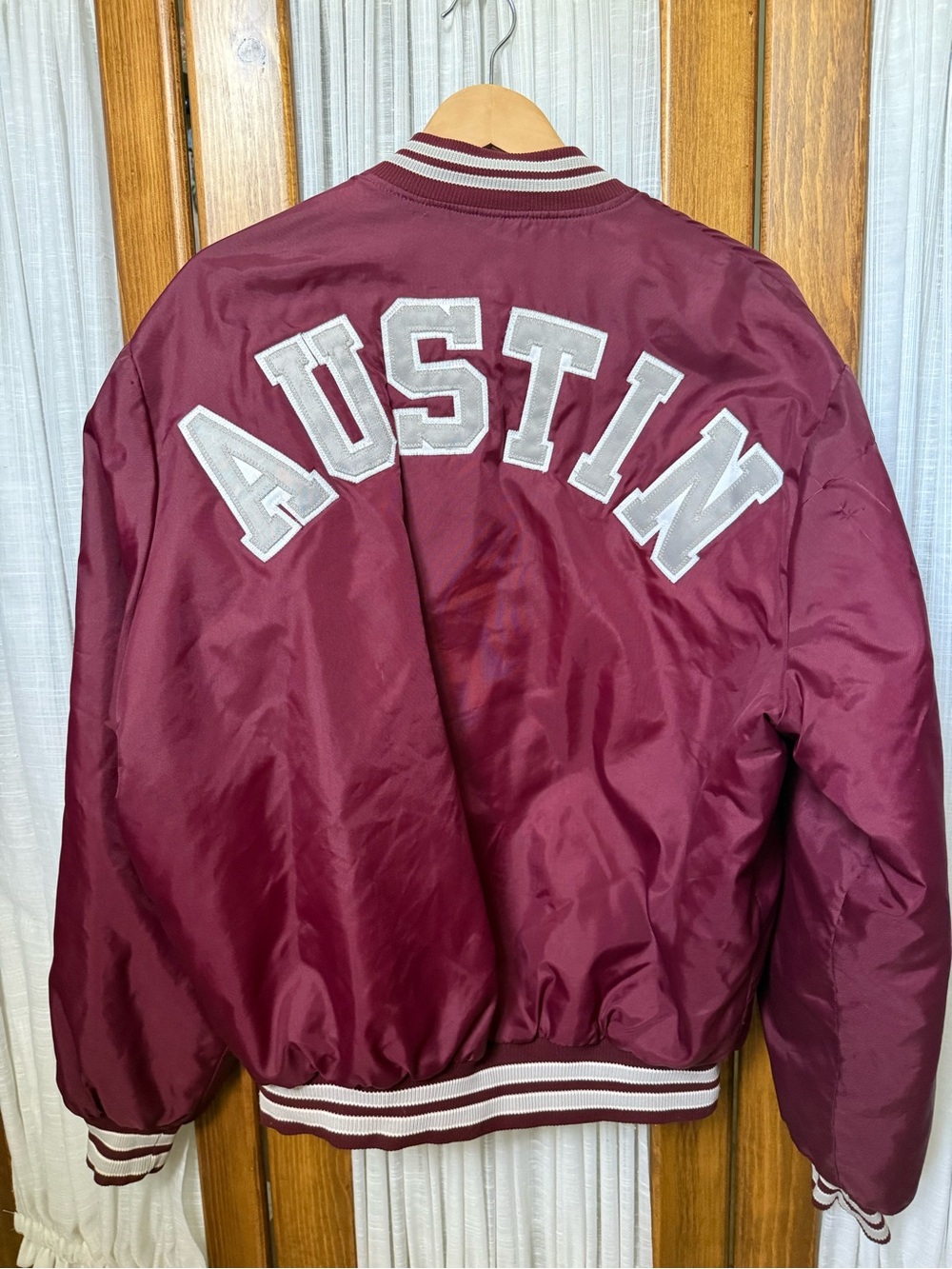 VTG Austin HS Maroon Satin Varsity Bomber Jacket